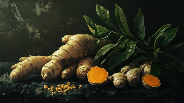Vibrant fresh ginger and turmeric roots with bright orange interior organic herbal medicinal spices healthy culinary ingredients for wellness and natural healing