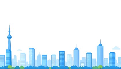 Fototapeta premium Stylized city skyline illustration with skyscrapers and greenery at daytime