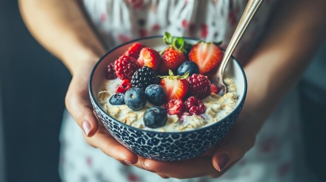 Beautiful and vibrant fruit bowl with fresh berries colorful healthy snack featuring strawberries blueberries raspberries and blackberries for nutritious breakfast or dessert