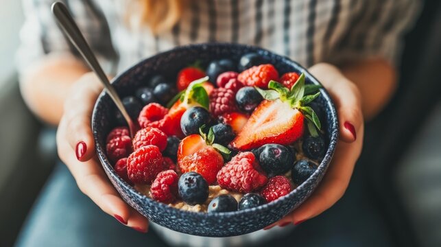 Vibrant and colorful bowl of fresh berries featuring strawberries blueberries raspberries and blackberries ideal for healthy snacks desserts or nutritious meals