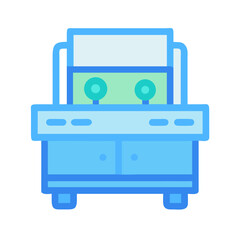 Stylized blue vector machine cabinet with geometric design elements