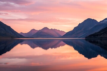 Obraz premium Pink And Orange Sunset Over Calm Lake With Mountain Reflections