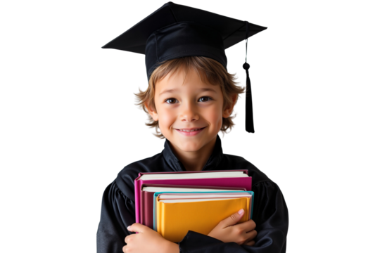 Happy boy smiling in a graduation cap and gown, holding books and celebrating achievement - Powered by Adobe