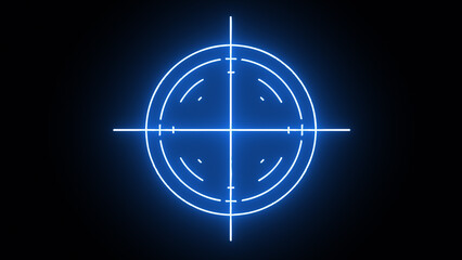 Digital radar screen with glowing blue neon circles and sweep, highlighting concept of detection, analysis, and technological monitoring, set against black background.