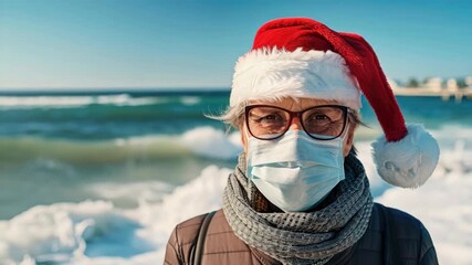 A person wearing a Santa hat on the beach during winter, with a backdrop of water and sky. - Powered by Adobe