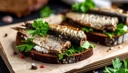 Two open-faced sandwiches with smoked fish, herbs, and cream cheese
