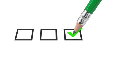 Emerald green pencil inscribing bright lime checkmark into black square checkbox on transparent background with copy space, soft high-key macro product shot. Concept of completion and success