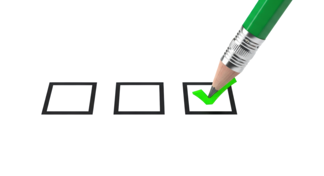 Emerald green pencil inscribing bright lime checkmark into black square checkbox on transparent background with copy space, soft high-key macro product shot. Concept of completion and success