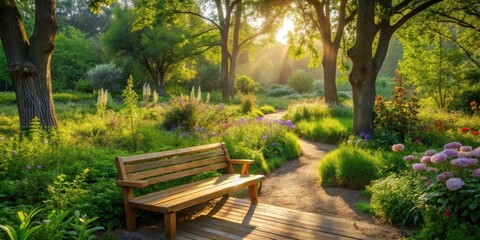Obraz premium Serene Garden Path with Wooden Bench at Sunrise, Illuminating Lush Floral Landscape and Sunlit Trees