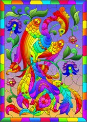 An illustration in the style of a stained glass window with a magical bright bird on a branch, against the background of the sky