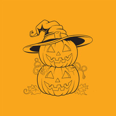 “Halloween pumpkin illustration with witch hat on orange background”
