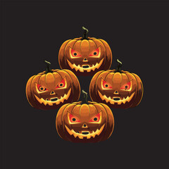 Scary Jack O’ Lantern Pumpkins on Black Background – Halloween Horror Illustration
