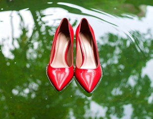 Red high heels on water, reflection