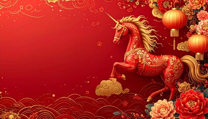 Elegant Chinese New Year background featuring the fire horse zodiac in red and gold patterns with lanterns, flowers, and golden cloud ornaments.