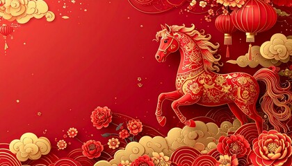 Elegant Chinese New Year background featuring the fire horse zodiac in red and gold patterns with lanterns, flowers, and golden cloud ornaments.