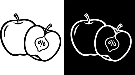 Black and white vector illustration of whole apple and half apple with bold outline.