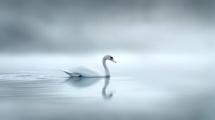 Obraz premium A white swan swims on a calm body of water in foggy weather.