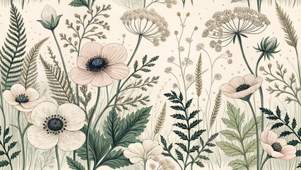 Vintage floral pattern design with anemone flowers and ferns for textile and wallpaper background