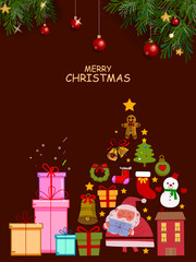 Merry Christmas and Happy New Year background with decorated element.Santa Claus,tree,gift, snowman, balls for cards, greeting, poster and banner design.