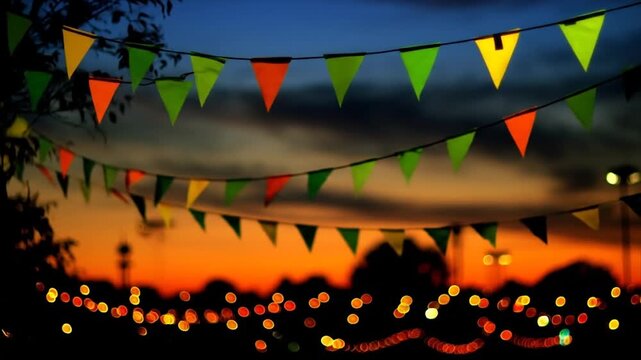Colorful triangle flags strung in a festive display against a vibrant sunset backdrop.