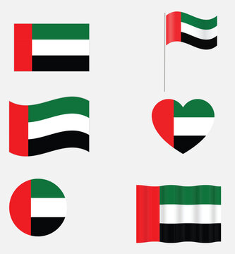 United Arab Emirates Flag Set Collection. Pan-Arab Waving, Flat, and Bunting Design, uae flag set, set of uae flag