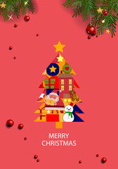 Merry Christmas and Happy New Year modern geometric abstract vector illustration background. Santa Claus, tree, balls, snowman, gift design for cards, poster, banner greeting.