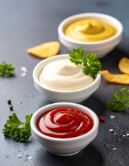 Sauces and chips on dark surface
