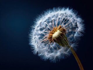 Fototapeta premium Close-Up Dandelion Seed Head in Deep Blue Background