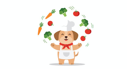 A cartoon dog chef juggles vegetables