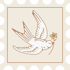 post stamp with Vintage dove illustration carrying a flower, symbol of peace, love, freedom and spirituality in retro design.