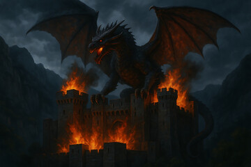A menacing black dragon with fiery red eyes perched atop a burning stone castle, its wings spread against a dark, cloudy sky