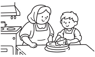 Woman and Boy Serving Cake in Kitchen Illustration