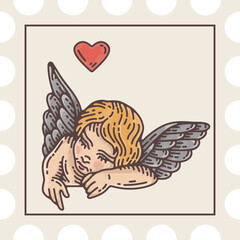 Postmark with vintage cupid cherub illustration with wings and heart, symbolizing love, romance, and divine angelic presence in classical art style.
