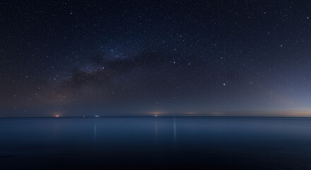 Night sky over calm ocean water