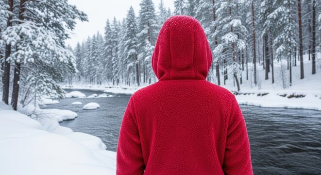 Person in red jacket overlooks snowy river in winter forest scene