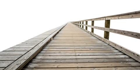 Fototapeta premium Long Wooden Walkway Extending to the Horizon Against a white Background Showing Weathered Gray and Brown Planks and a Simple Wooden Railing, png file 