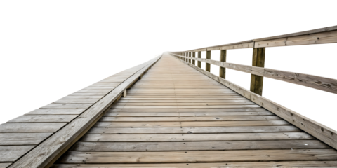 Long Wooden Walkway Extending to the Horizon Against a white  Background Showing Weathered Gray and Brown Planks and a Simple Wooden Railing, png file 