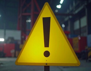 Yellow caution triangle sign with large exclamation mark in dark industrial setting