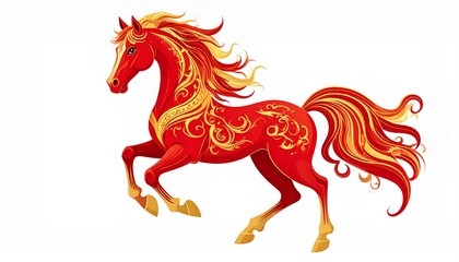 Flat vector illustration of the fire horse zodiac in red and gold, with simple Chinese New Year ornaments and clean background.
