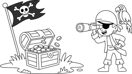 Cute pirate boy with treasure chest, parrot, and skull flag, cartoon adventure illustration for kids, black and white coloring book pageCute pirate boy with treasure 