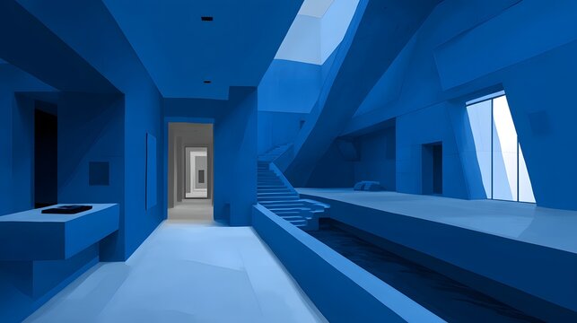 Floating poly shapes and light bars in quantum ambiance, lower half open 