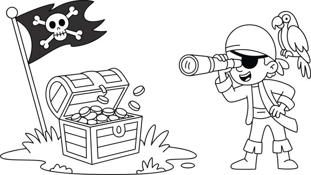 Cute pirate boy with treasure chest, parrot, and skull flag, cartoon adventure illustration for kids, black and white coloring book pageCute pirate boy with treasure 