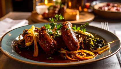 Sausages with greens on a plate
