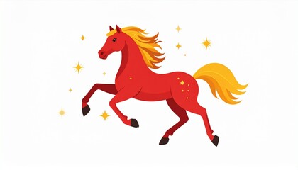 Flat vector illustration of the fire horse zodiac in red and gold, with simple Chinese New Year ornaments and clean background.