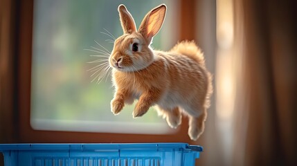 A fluffy rabbit jumps energetically mid-air into a plastic bin, captured in a surprised, playful moment with soft indoor lighting and dynamic motion.