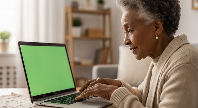 Senior african american woman using laptop with green screen in living room, browsing internet and staying connected with family, feeling comfortable and content. - Powered by Adobe
