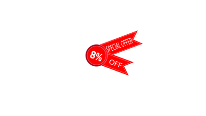 Red ribbon banner with 8 percent off sale announcement on black background
