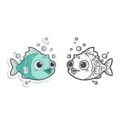 Cute Cartoon Fish Duo Sticker Design with Bubbles Colorful and Black & White Options