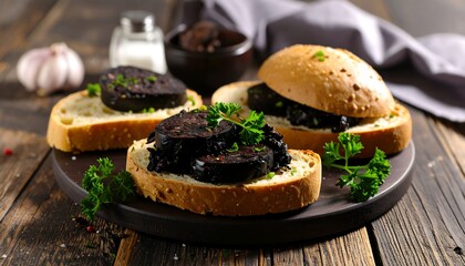 Savory black pudding sandwiches on rustic bread