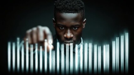 Focused Future: A determined person interacts with a glowing data visualization, showcasing their engagement in the ever-evolving world of information. - Powered by Adobe